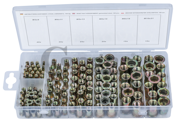 Assortiment d'écrous à sertir, Acier galvanisé, M3 à M10